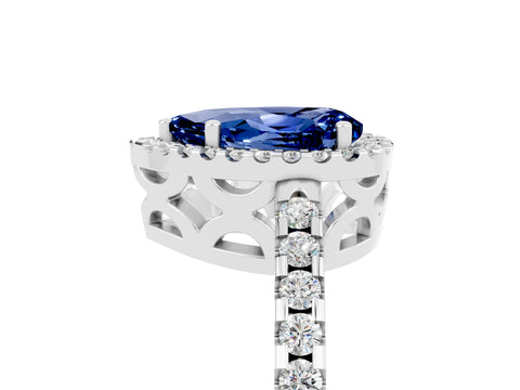 White gold Pear Cut Blue Sapphire Halo Engagement Ring with Pavé Band and Prong Setting_17