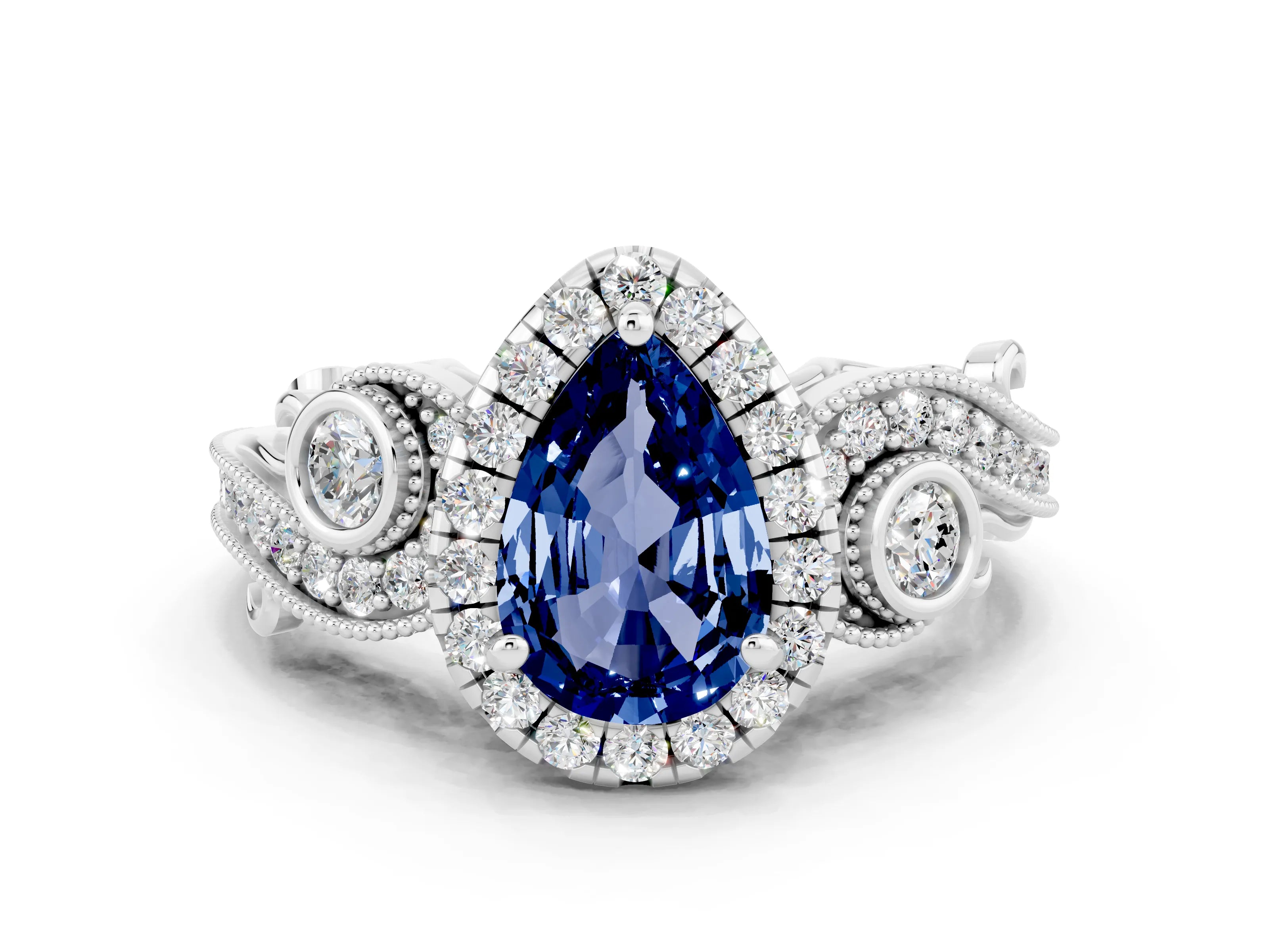 White gold Pear Cut Blue Sapphire Halo Ring with Milgrain Pavé Band and Four-Prong Setting_12