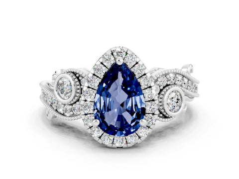 White gold Pear Cut Blue Sapphire Halo Ring with Milgrain Pavé Band and Four-Prong Setting_12