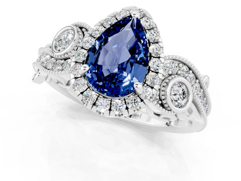 White gold Pear Cut Blue Sapphire Halo Ring with Milgrain Pavé Band and Four-Prong Setting_13
