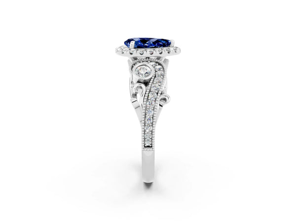 Silver Pear Cut Blue Sapphire Halo Ring with Milgrain Pavé Band and Four-Prong Setting