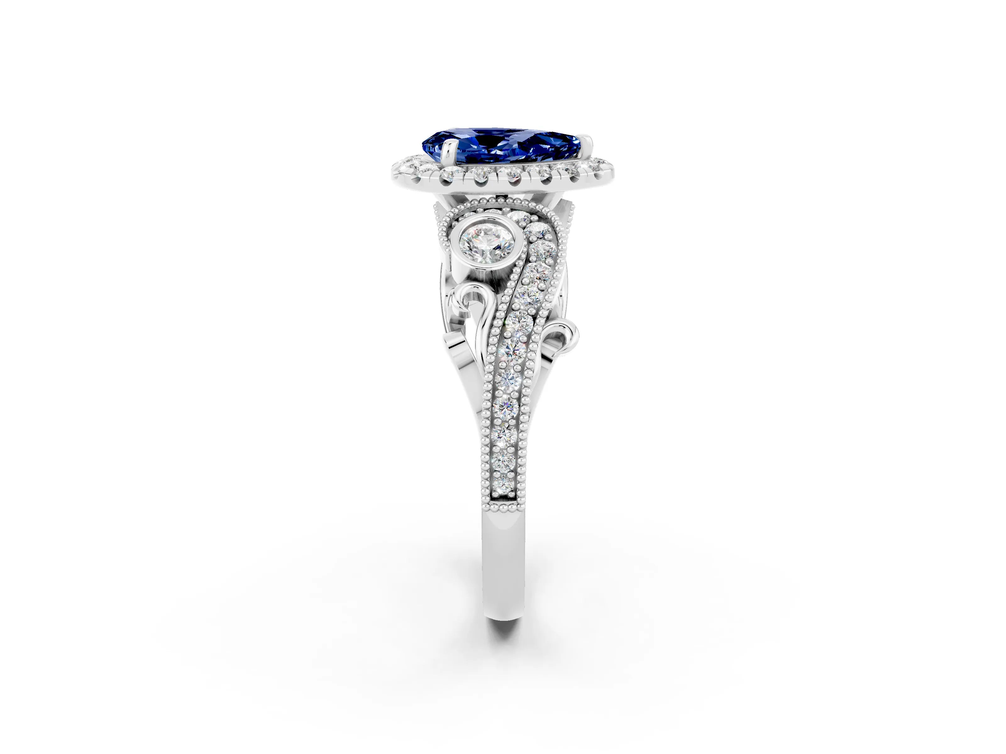 White gold Pear Cut Blue Sapphire Halo Ring with Milgrain Pavé Band and Four-Prong Setting_14