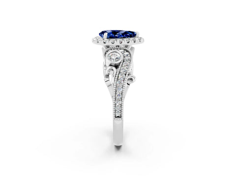 White gold Pear Cut Blue Sapphire Halo Ring with Milgrain Pavé Band and Four-Prong Setting_14