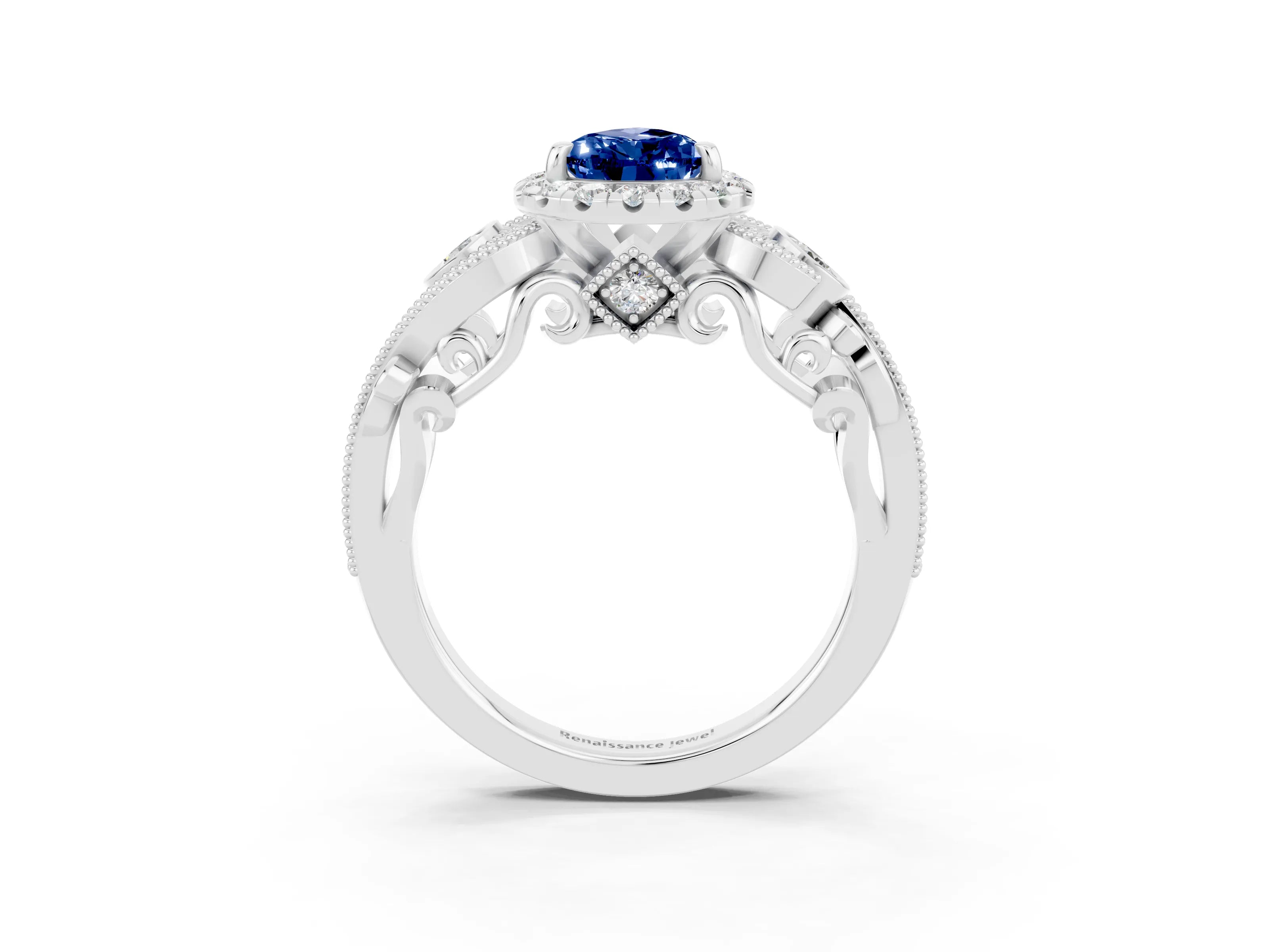 White gold Pear Cut Blue Sapphire Halo Ring with Milgrain Pavé Band and Four-Prong Setting_15