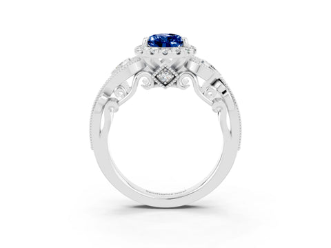 White gold Pear Cut Blue Sapphire Halo Ring with Milgrain Pavé Band and Four-Prong Setting_15