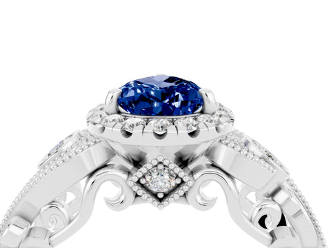 White gold Pear Cut Blue Sapphire Halo Ring with Milgrain Pavé Band and Four-Prong Setting_16