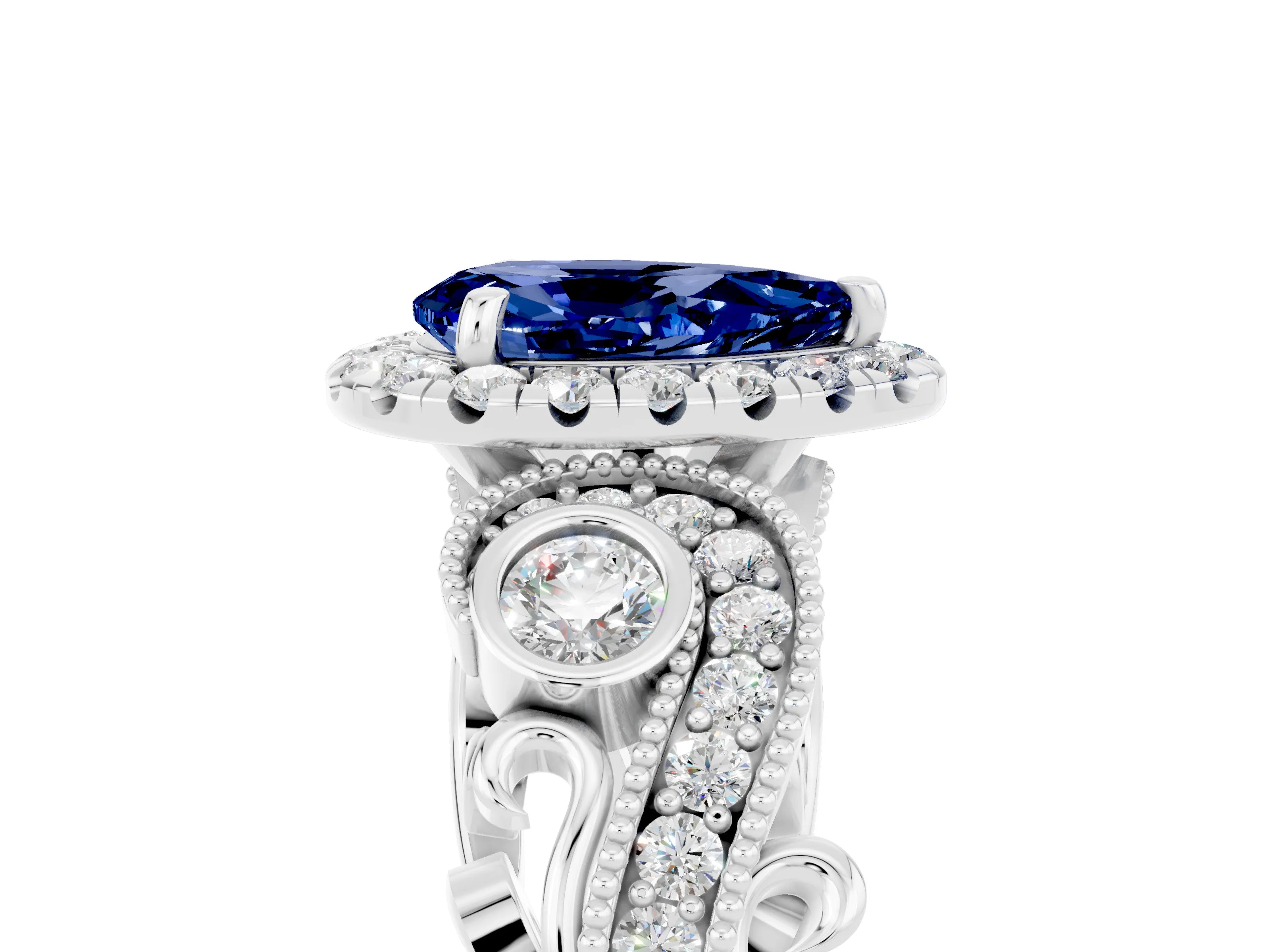 White gold Pear Cut Blue Sapphire Halo Ring with Milgrain Pavé Band and Four-Prong Setting_17