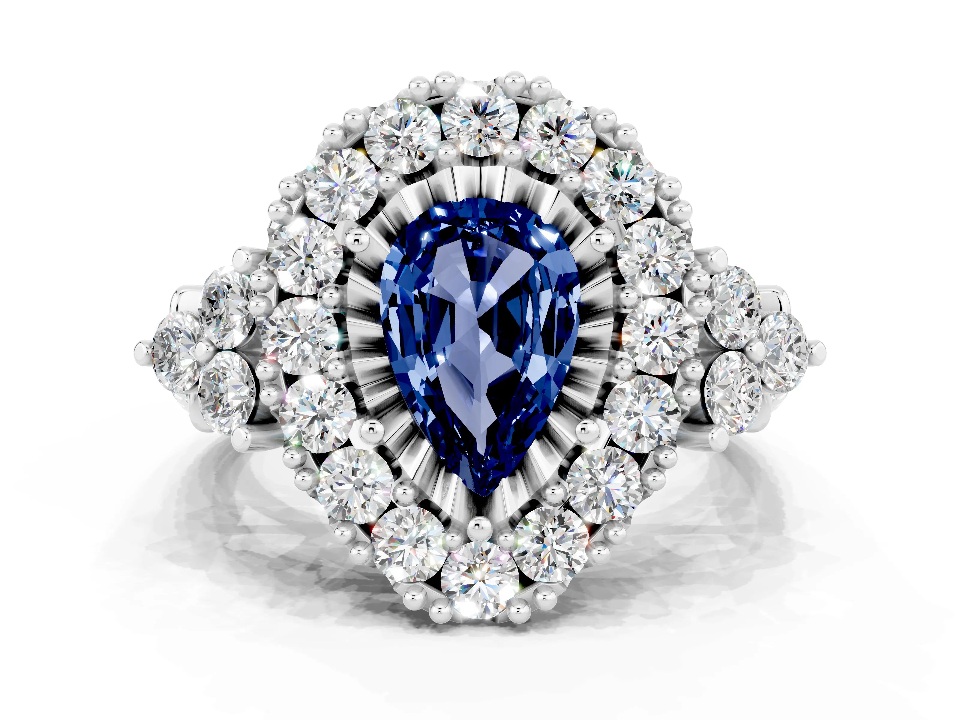 White gold Pear Cut Blue Sapphire Halo Ring with Pavé Band and Four-Prong Setting_12