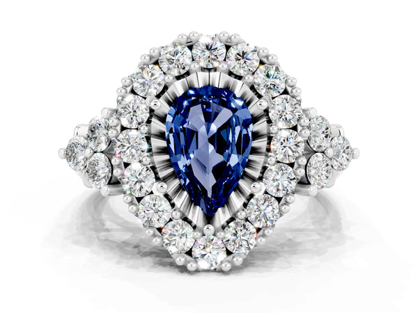 White gold Pear Cut Blue Sapphire Halo Ring with Pavé Band and Four-Prong Setting