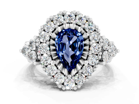 White gold Pear Cut Blue Sapphire Halo Ring with Pavé Band and Four-Prong Setting_12