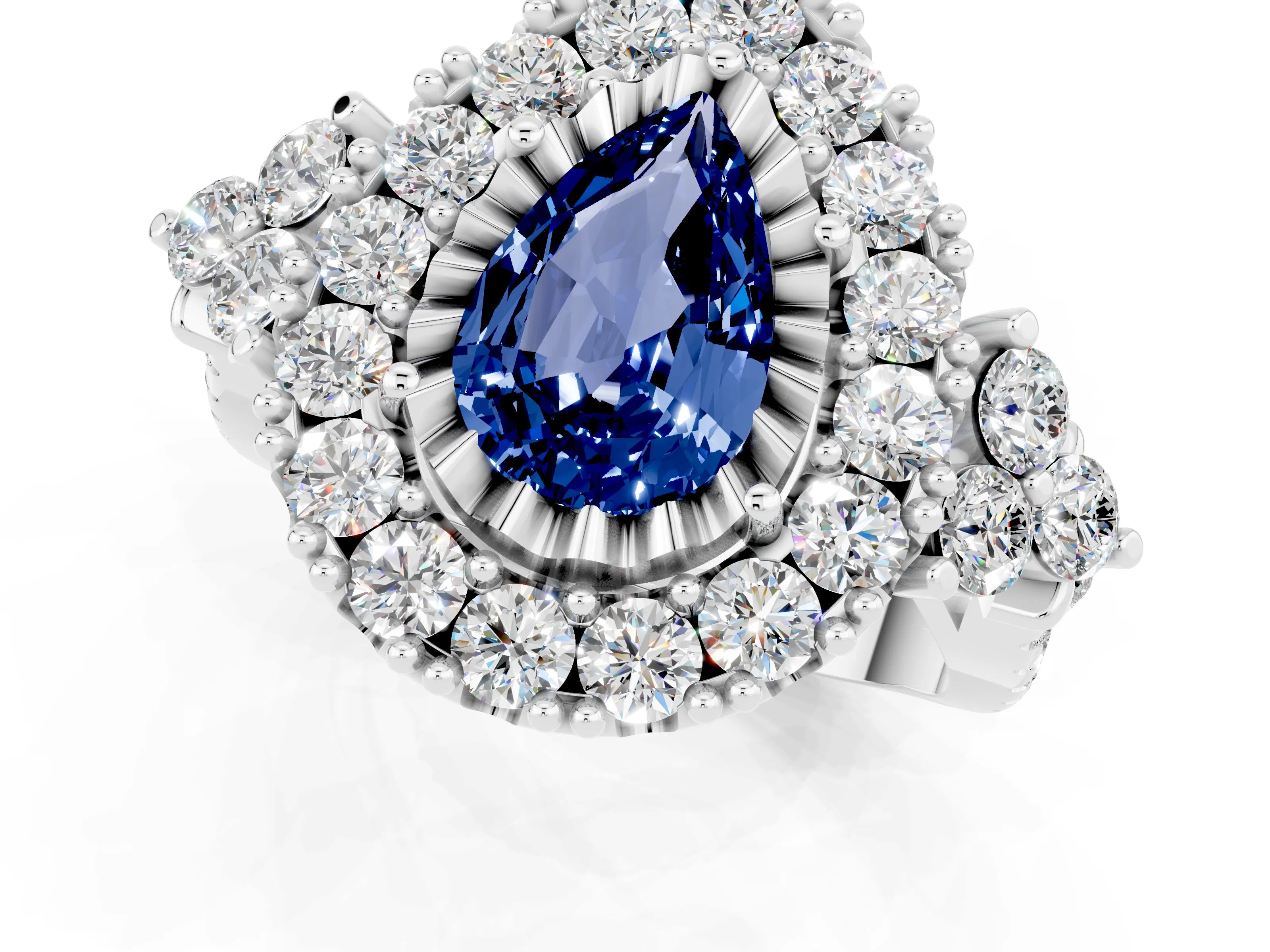 White gold Pear Cut Blue Sapphire Halo Ring with Pavé Band and Four-Prong Setting_13