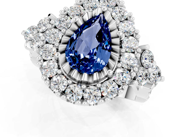 White gold Pear Cut Blue Sapphire Halo Ring with Pavé Band and Four-Prong Setting