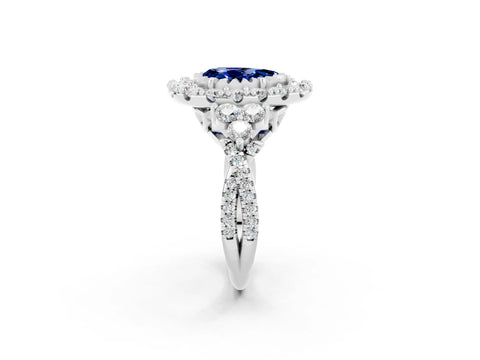 White gold Pear Cut Blue Sapphire Halo Ring with Pavé Band and Four-Prong Setting_14