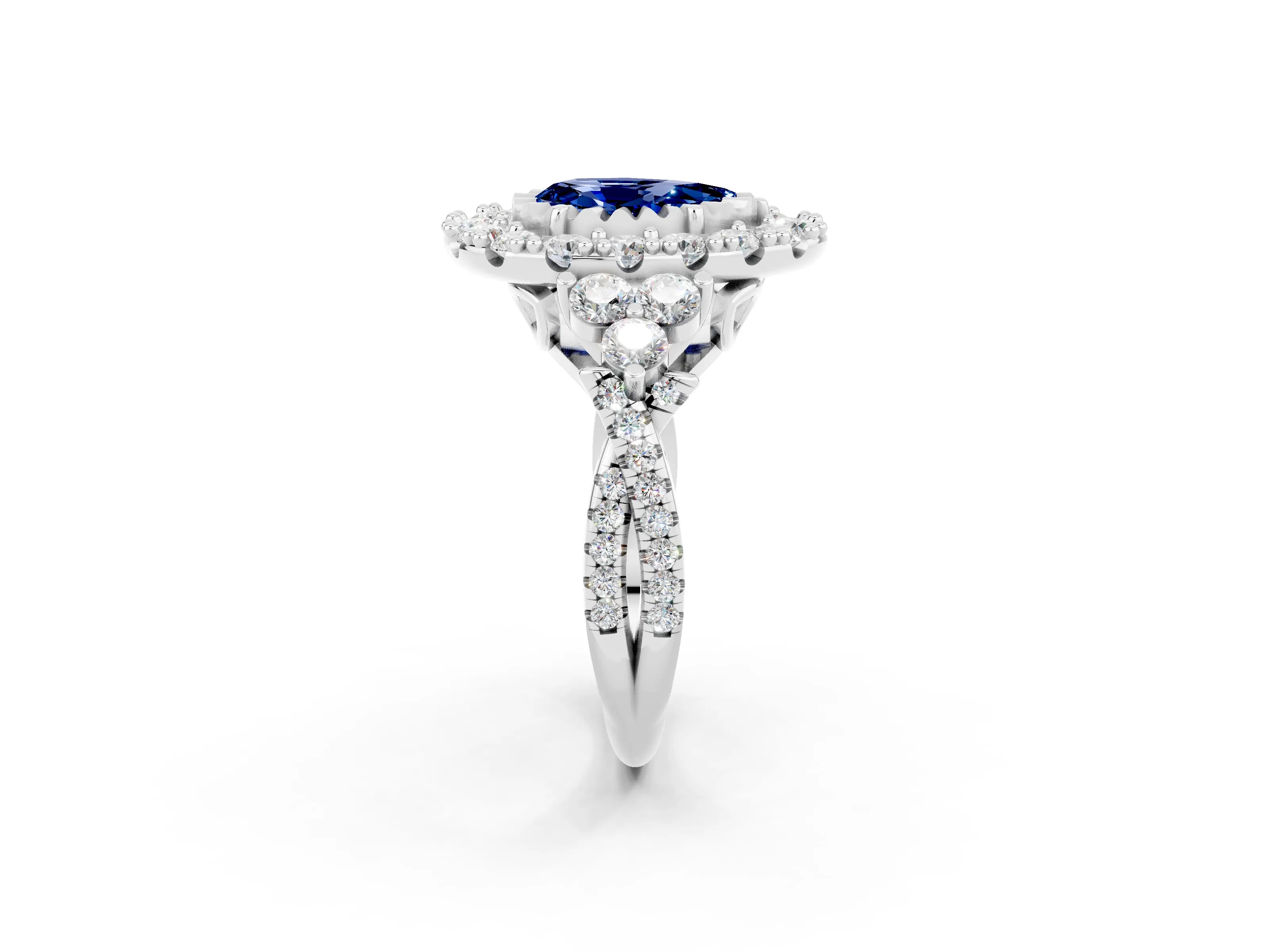 White gold Pear Cut Blue Sapphire Halo Ring with Pavé Band and Four-Prong Setting_14