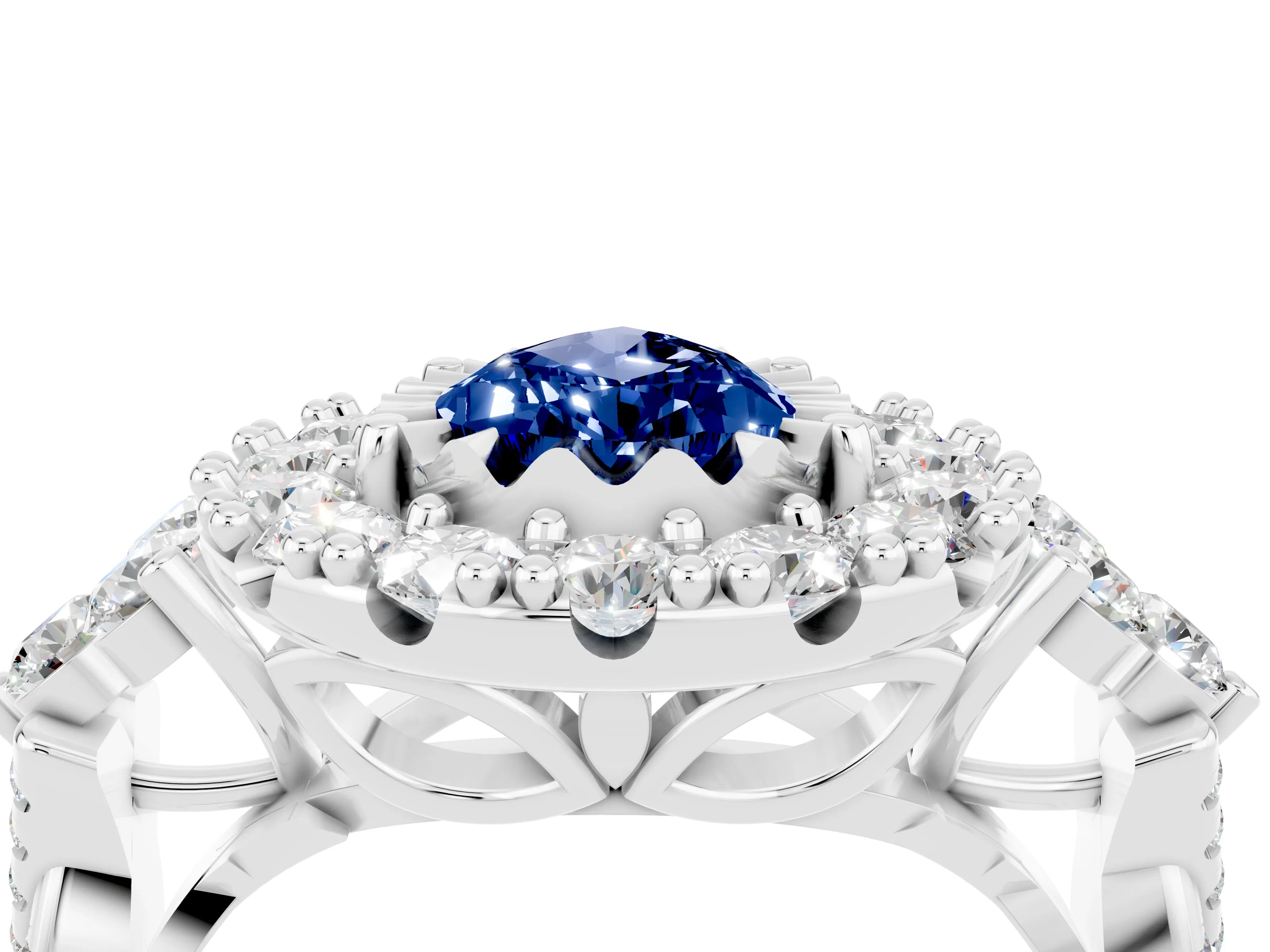 White gold Pear Cut Blue Sapphire Halo Ring with Pavé Band and Four-Prong Setting_16