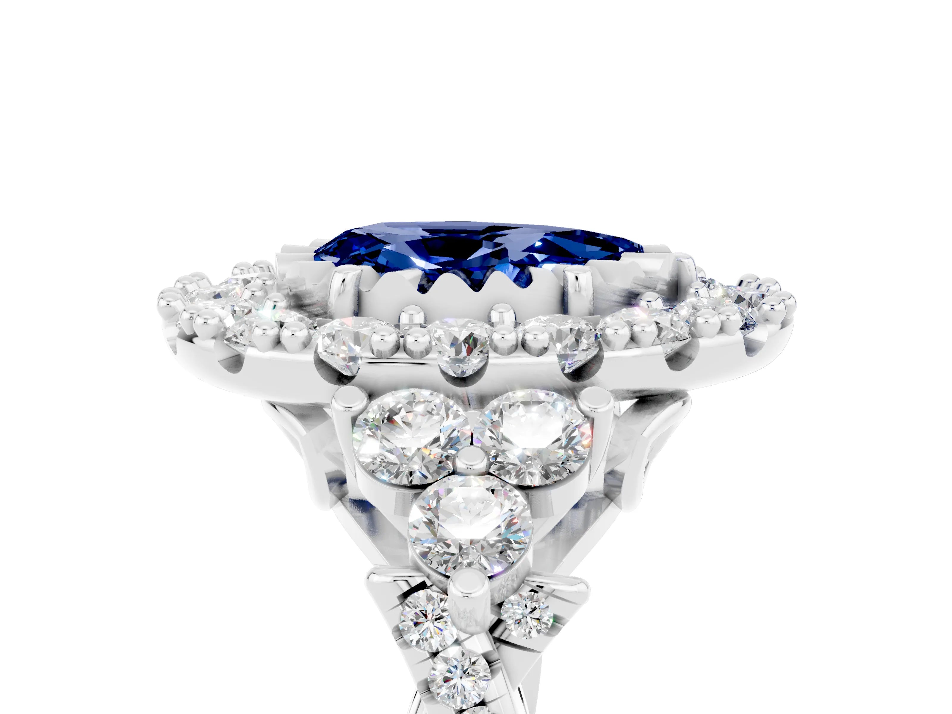 White gold Pear Cut Blue Sapphire Halo Ring with Pavé Band and Four-Prong Setting_17