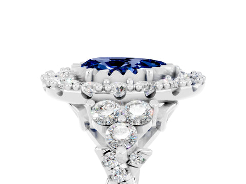 White gold Pear Cut Blue Sapphire Halo Ring with Pavé Band and Four-Prong Setting_17