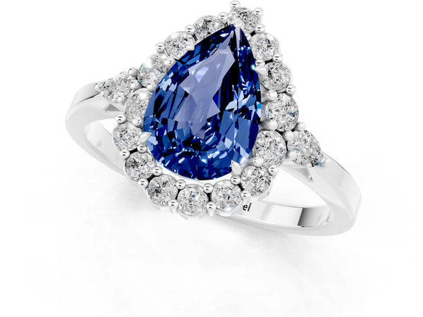 White gold Pear Cut Blue Sapphire Halo Ring with Pear Side Stones and Prong Setting
