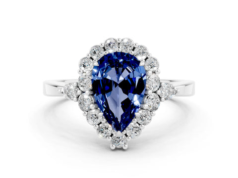 White gold Pear Cut Blue Sapphire Halo Ring with Pear Side Stones and Prong Setting_31
