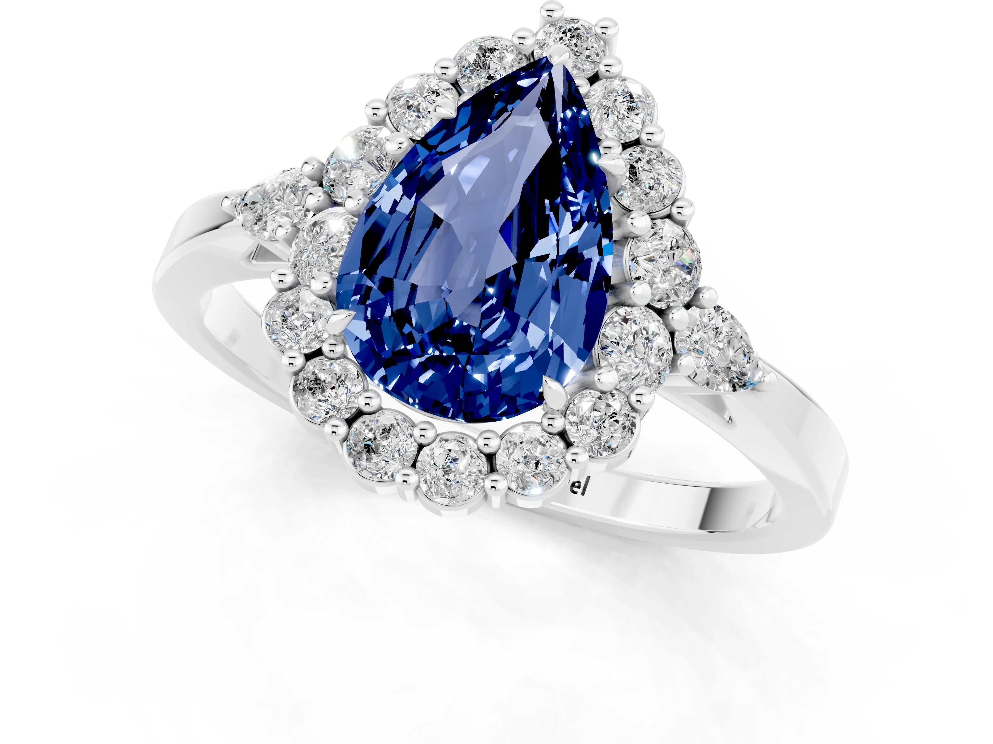 White gold Pear Cut Blue Sapphire Halo Ring with Pear Side Stones and Prong Setting_32