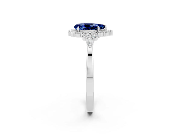 White gold Pear Cut Blue Sapphire Halo Ring with Pear Side Stones and Prong Setting