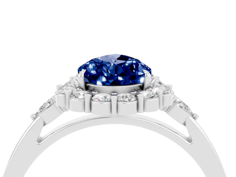 White gold Pear Cut Blue Sapphire Halo Ring with Pear Side Stones and Prong Setting_34