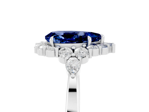 White gold Pear Cut Blue Sapphire Halo Ring with Pear Side Stones and Prong Setting_35