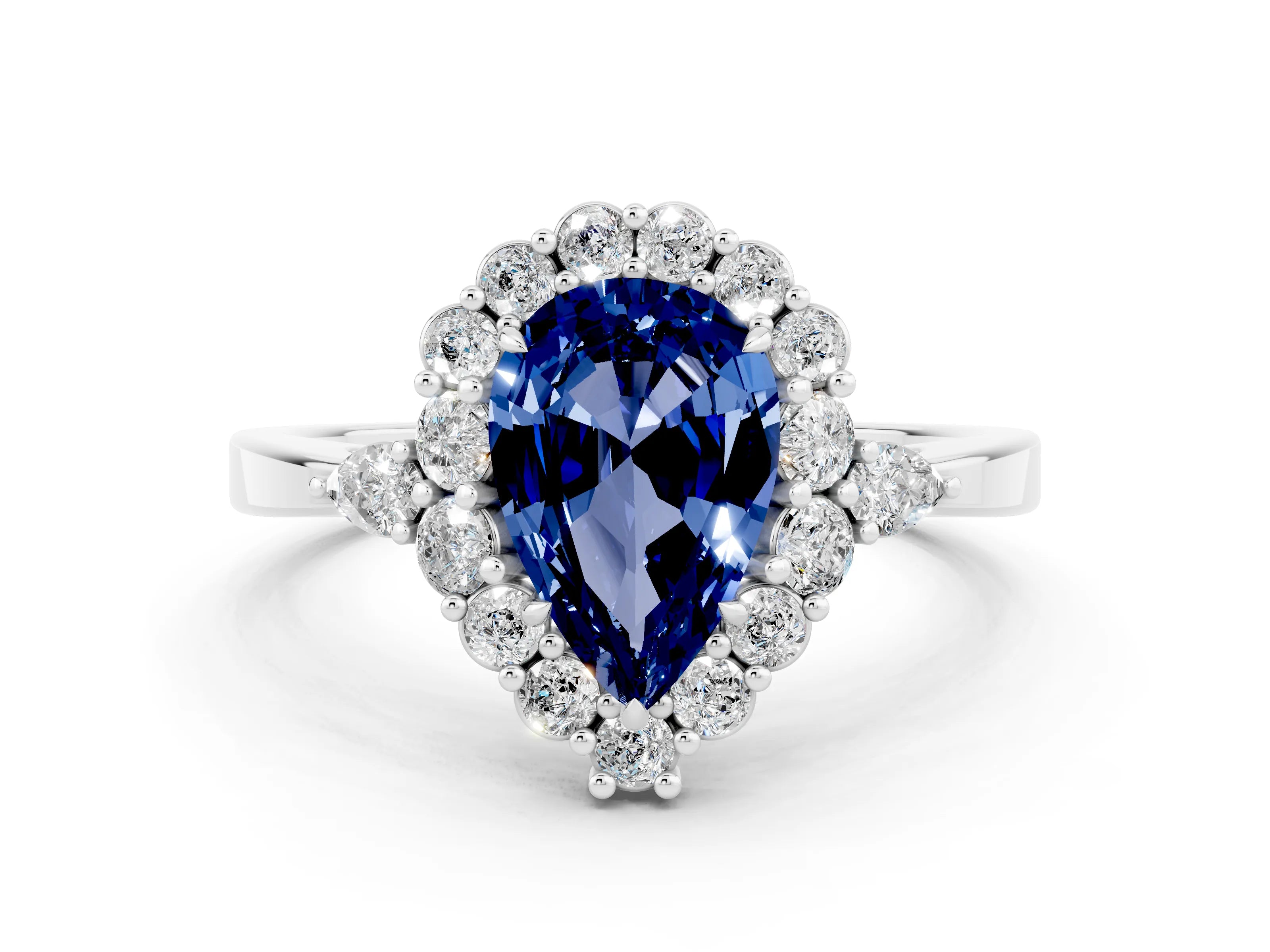 White gold Pear Cut Blue Sapphire Halo Ring with Pear Side Stones and Prong Setting_36