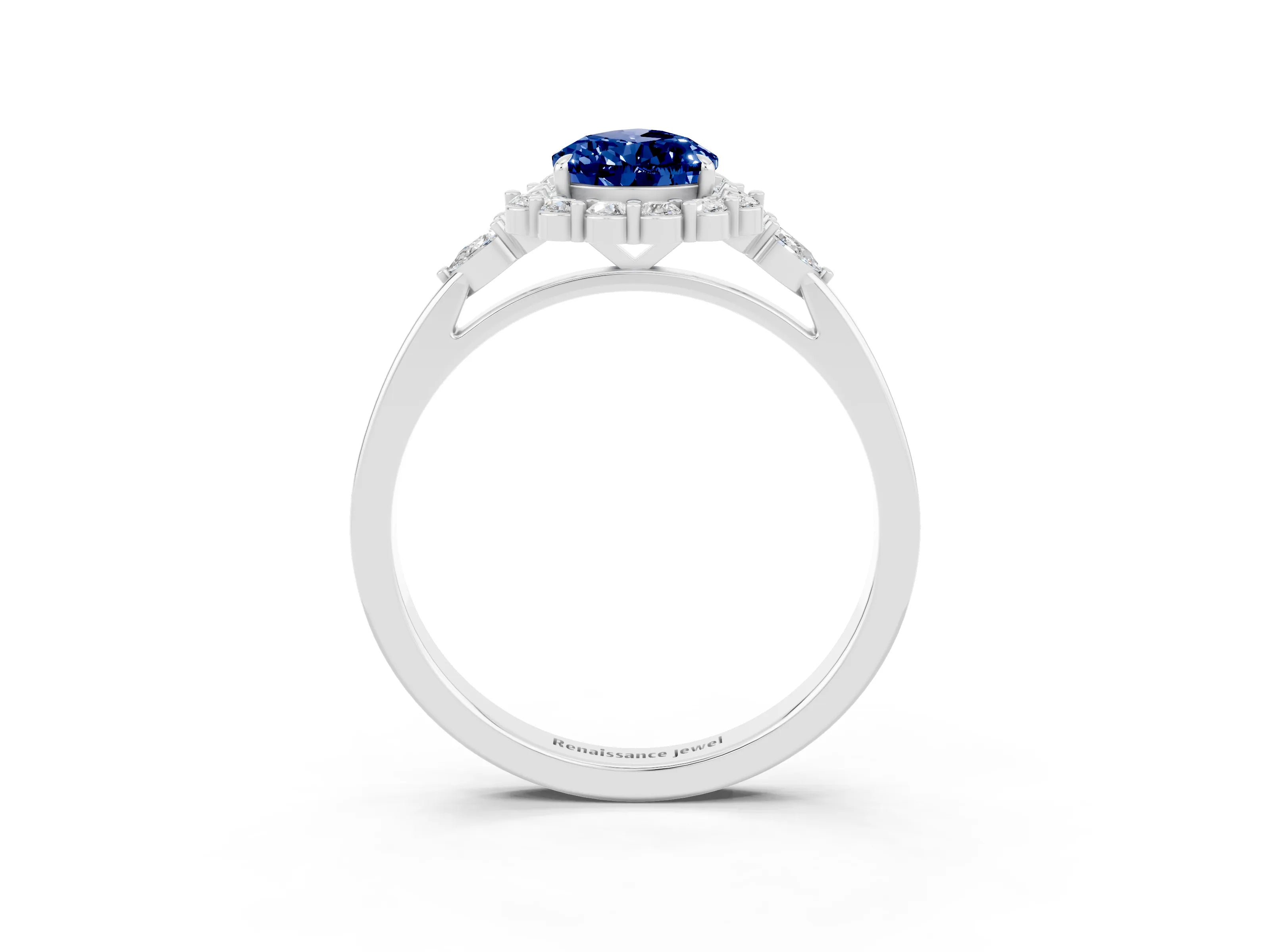 White gold Pear Cut Blue Sapphire Halo Ring with Pear Side Stones and Prong Setting_39