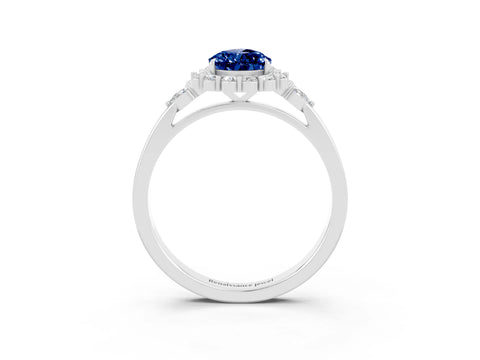 White gold Pear Cut Blue Sapphire Halo Ring with Pear Side Stones and Prong Setting_39