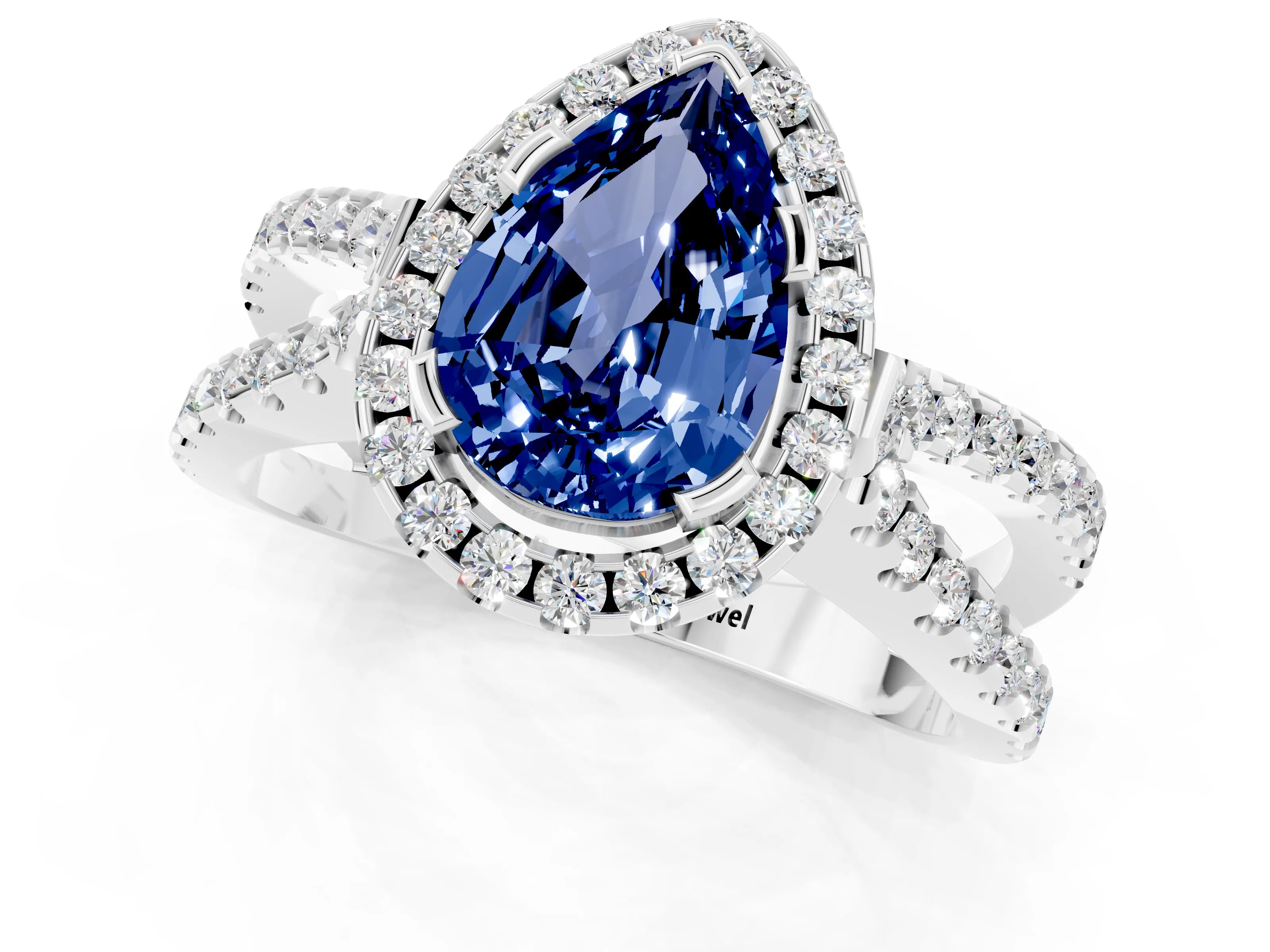 White gold Pear Cut Blue Sapphire Halo Ring with Split Shank Pavé Band and Prong Setting_1