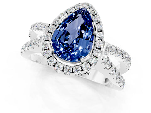 White gold Pear Cut Blue Sapphire Halo Ring with Split Shank Pavé Band and Prong Setting_1