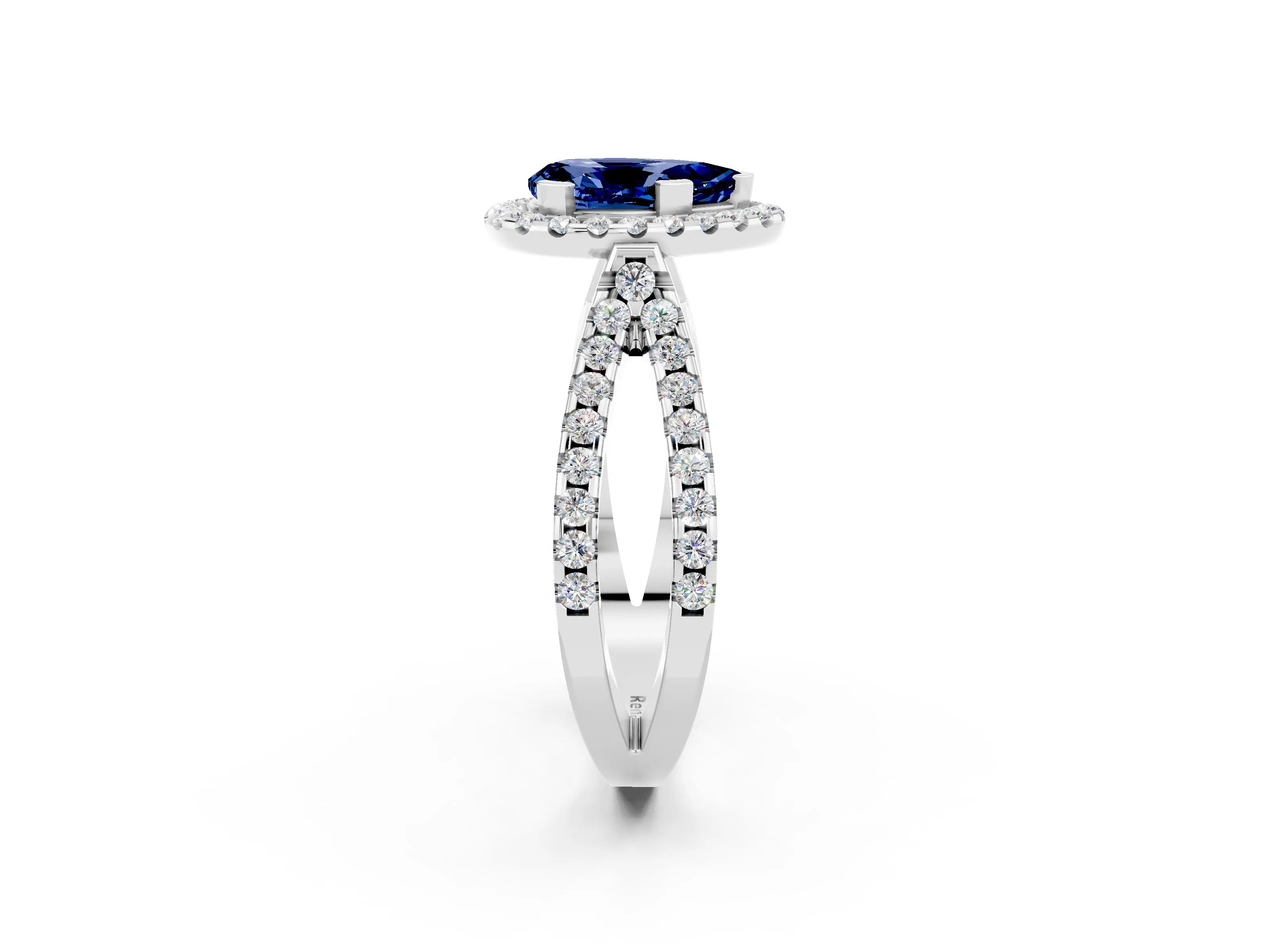 White gold Pear Cut Blue Sapphire Halo Ring with Split Shank Pavé Band and Prong Setting_2