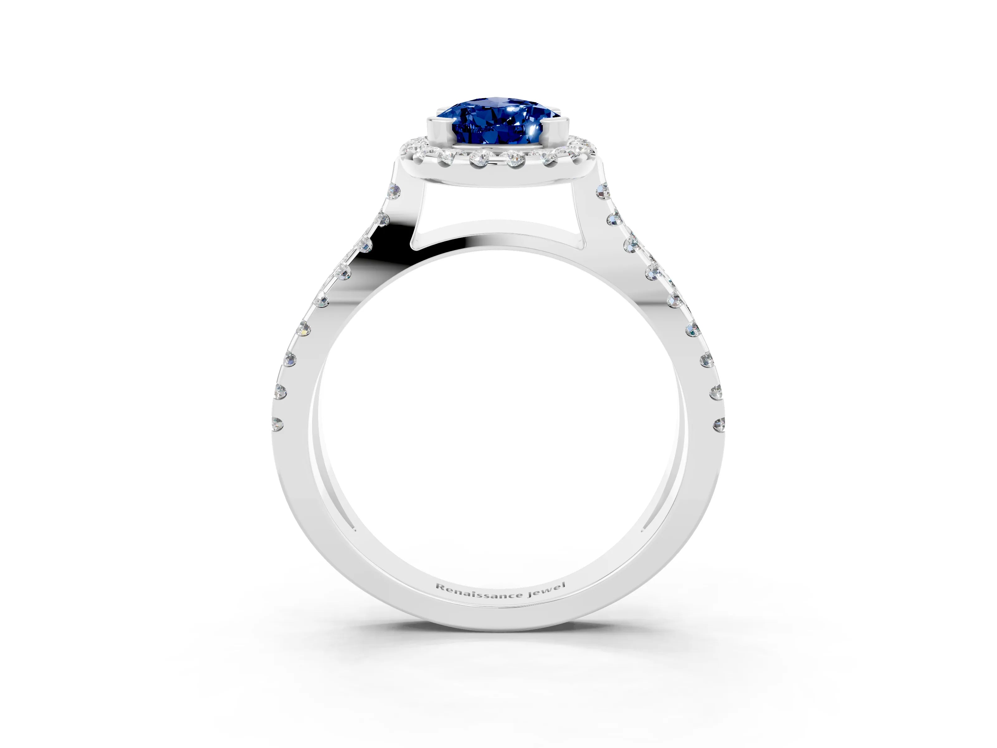 White gold Pear Cut Blue Sapphire Halo Ring with Split Shank Pavé Band and Prong Setting_3