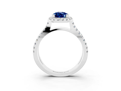 White gold Pear Cut Blue Sapphire Halo Ring with Split Shank Pavé Band and Prong Setting_3