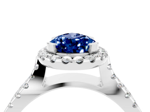 White gold Pear Cut Blue Sapphire Halo Ring with Split Shank Pavé Band and Prong Setting_4