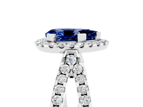 White gold Pear Cut Blue Sapphire Halo Ring with Split Shank Pavé Band and Prong Setting_5
