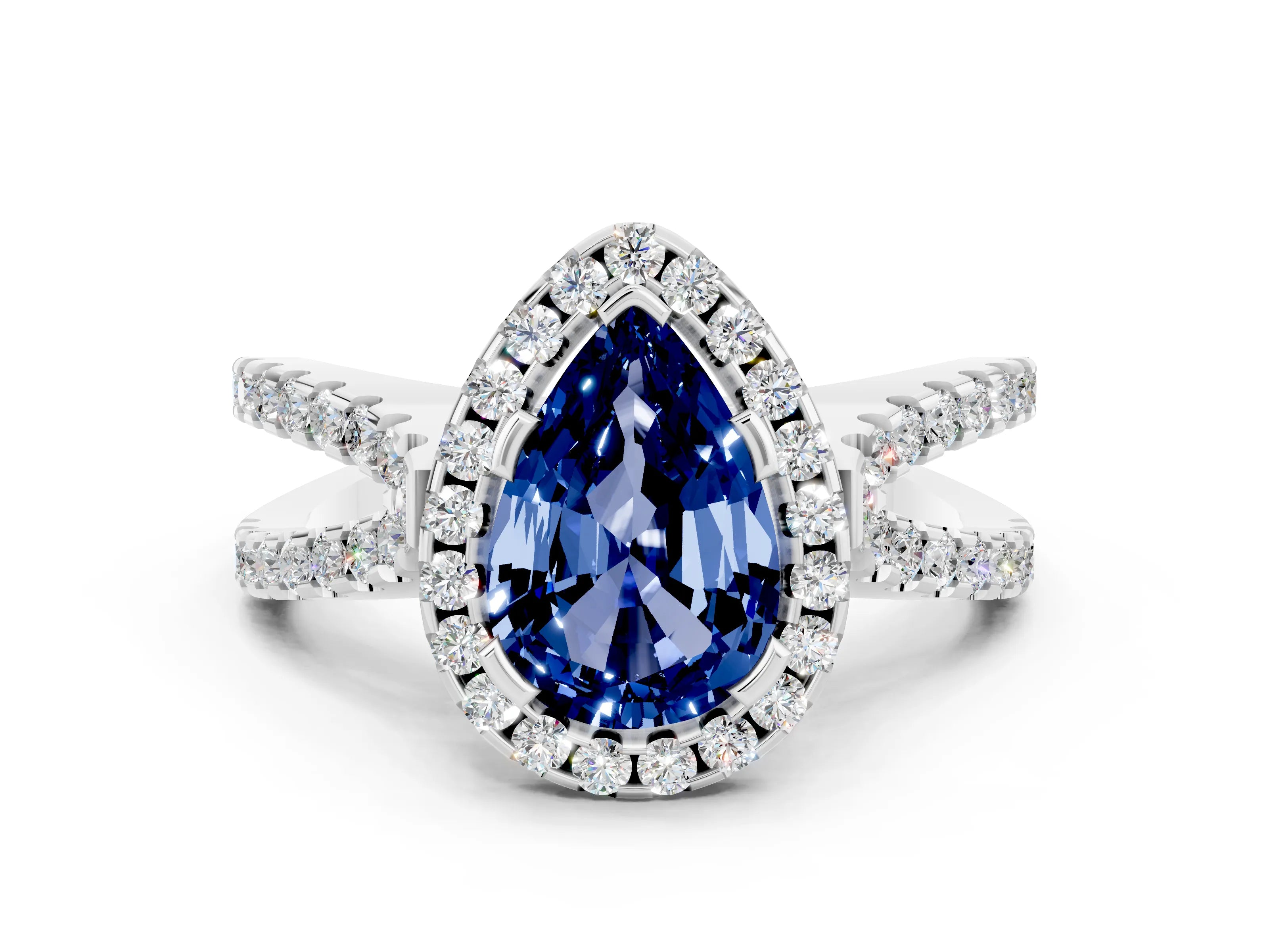 White gold Pear Cut Blue Sapphire Halo Ring with Split Shank Pavé Band and Prong Setting