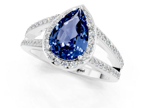 White gold Pear Cut Blue Sapphire Halo Ring with Split Shank U-Prong Band and Four-Prong Setting_1