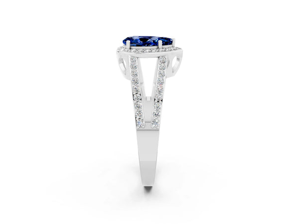 White gold Pear Cut Blue Sapphire Halo Ring with Split Shank U-Prong Band and Four-Prong Setting