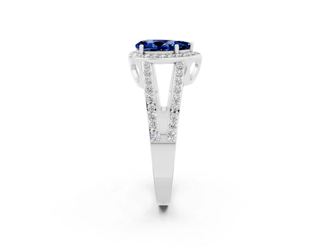 White gold Pear Cut Blue Sapphire Halo Ring with Split Shank U-Prong Band and Four-Prong Setting_2