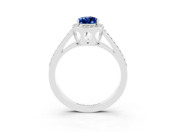 Platinum Pear Cut Blue Sapphire Halo Ring with Split Shank U-Prong Band and Four-Prong Setting