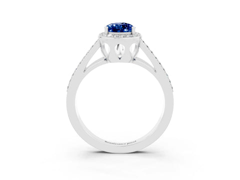 White gold Pear Cut Blue Sapphire Halo Ring with Split Shank U-Prong Band and Four-Prong Setting_3