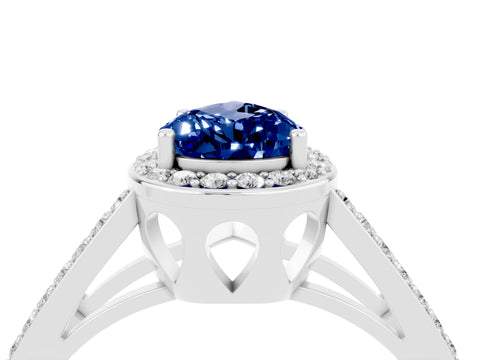 White gold Pear Cut Blue Sapphire Halo Ring with Split Shank U-Prong Band and Four-Prong Setting_4