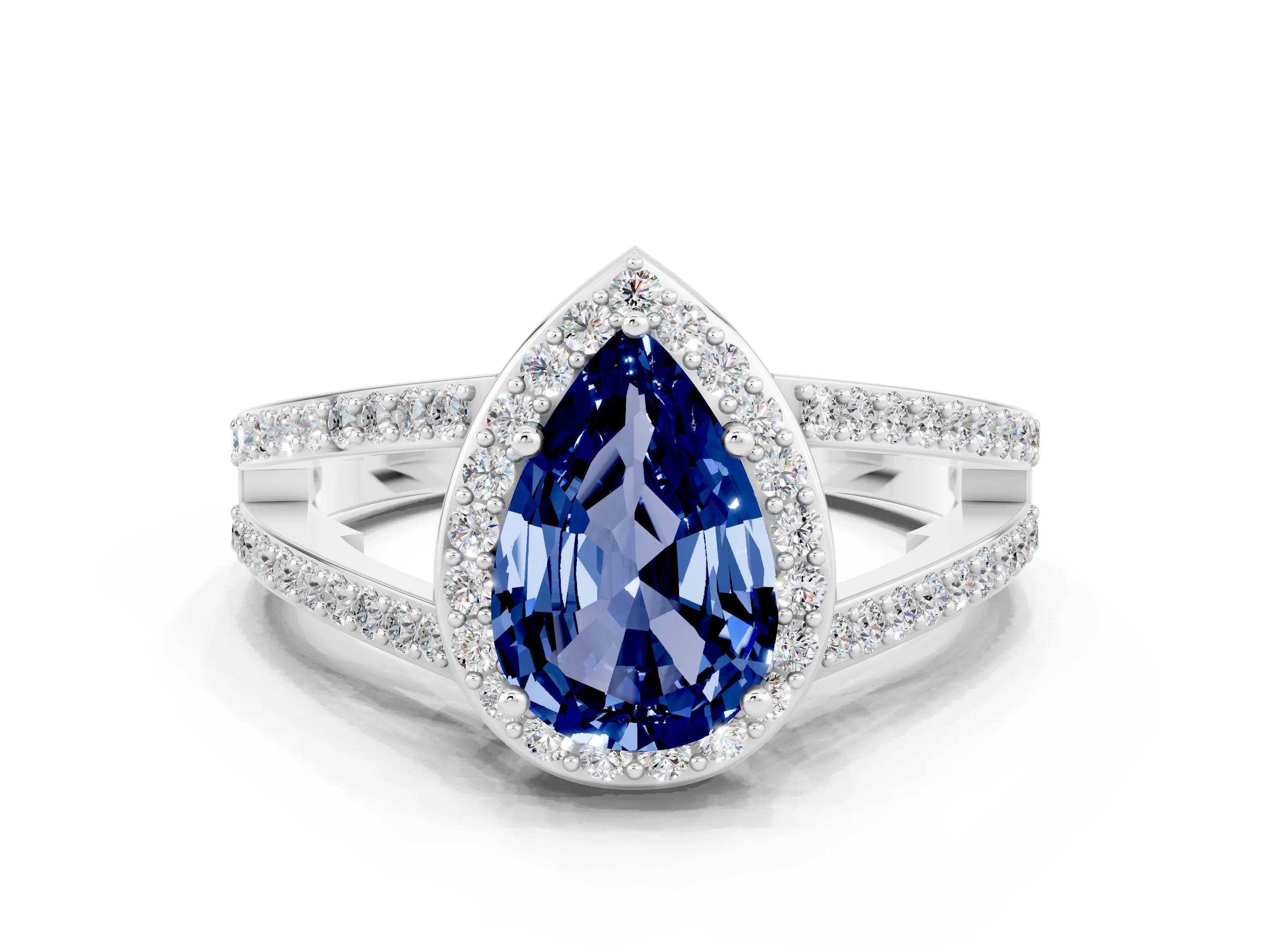 White gold Pear Cut Blue Sapphire Halo Ring with Split Shank U-Prong Band and Four-Prong Setting