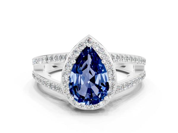 White gold Pear Cut Blue Sapphire Halo Ring with Split Shank U-Prong Band and Four-Prong Setting
