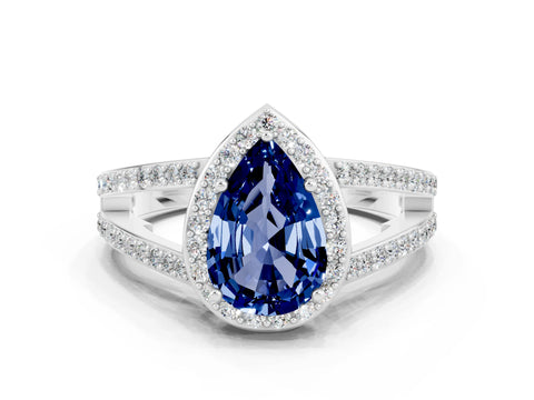 White gold Pear Cut Blue Sapphire Halo Ring with Split Shank U-Prong Band and Four-Prong Setting