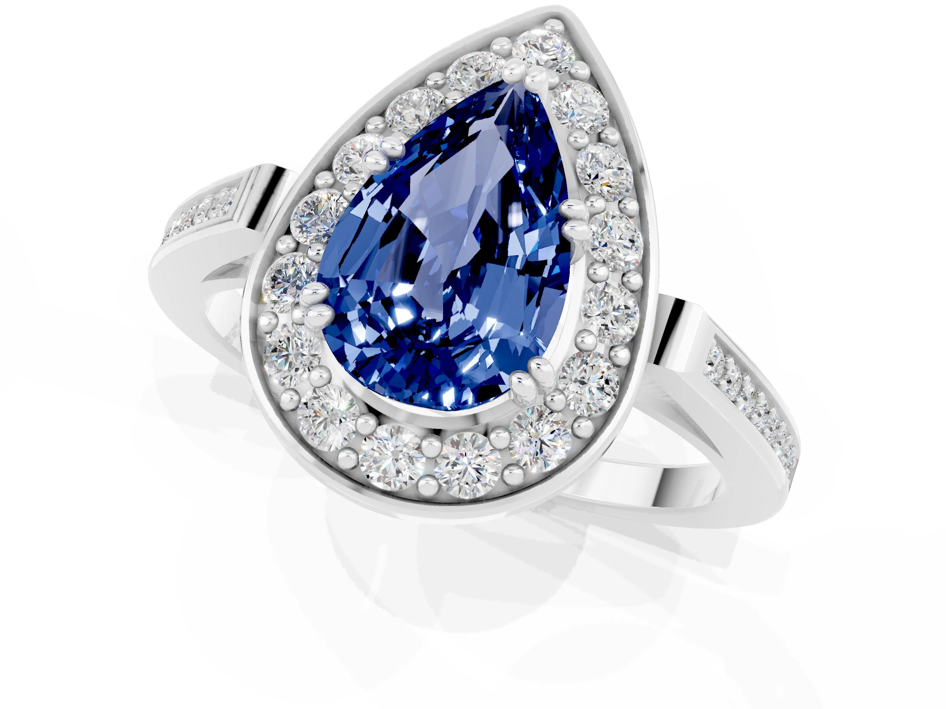 White gold Pear Cut Blue Sapphire Halo Ring with Split Shank and Four-Prong Setting_13