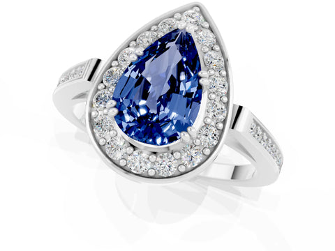 White gold Pear Cut Blue Sapphire Halo Ring with Split Shank and Four-Prong Setting_1