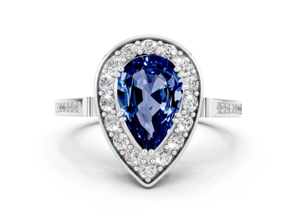 Silver Pear Cut Blue Sapphire Halo Ring with Split Shank and Four-Prong Setting